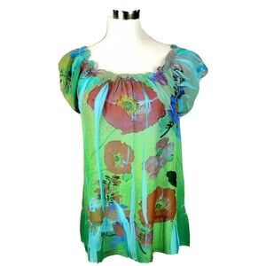 Women’s Size S Green Floral Sheer Flutter Sleeve Top Butterflies Blouse Peasant